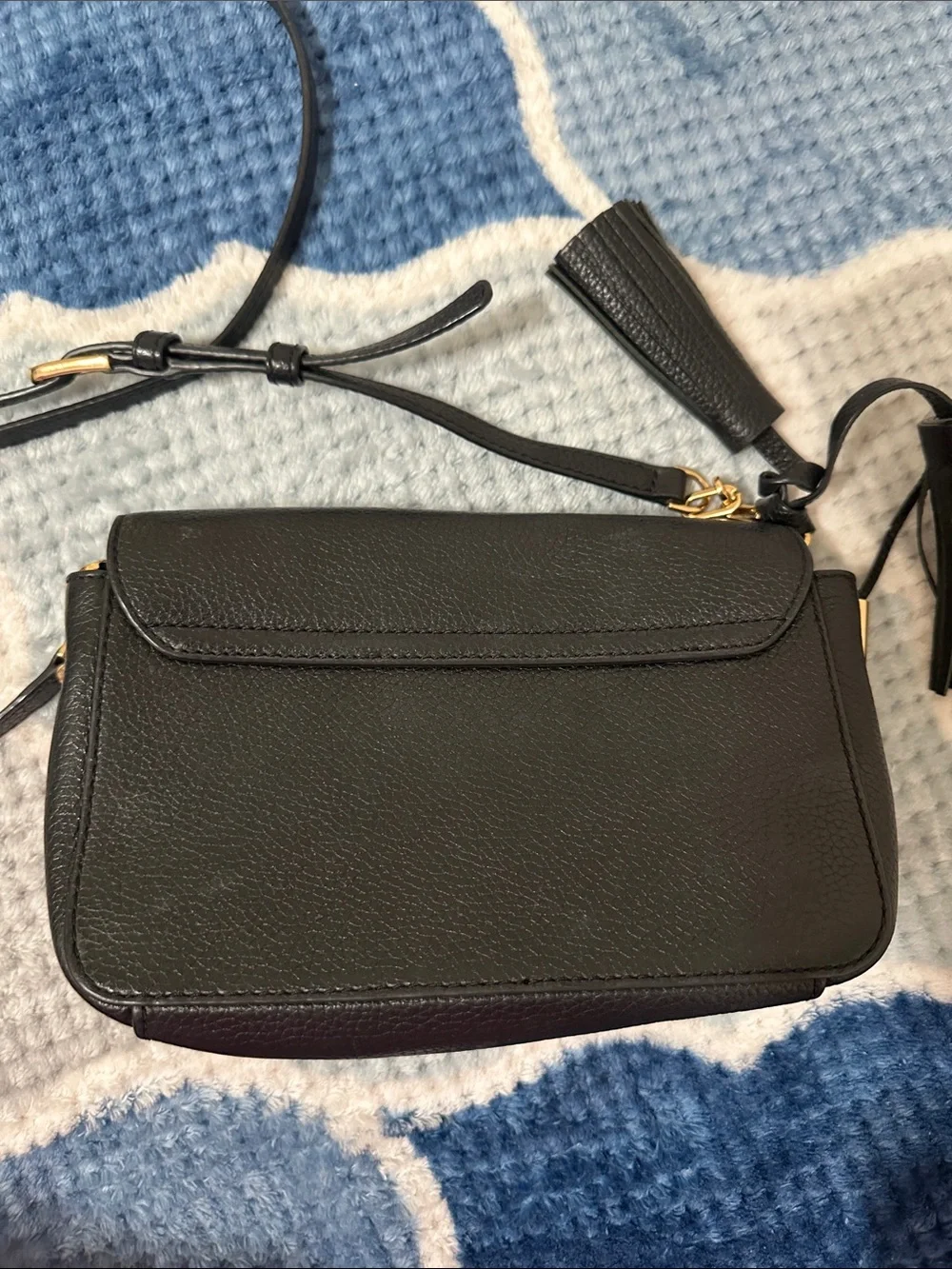 Tory Burch Black Leather Crossbody with Tassel and Gold Hardware